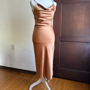 PRINCESS POLLY | Copper  Satin Cowl Neck High Slit Midi Slip Dress Cowl Neck  0